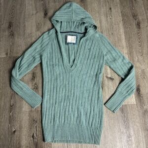 American Eagles Y2K Women's L Hooded V Neck Long Tunic Cable Knit Green Sweater